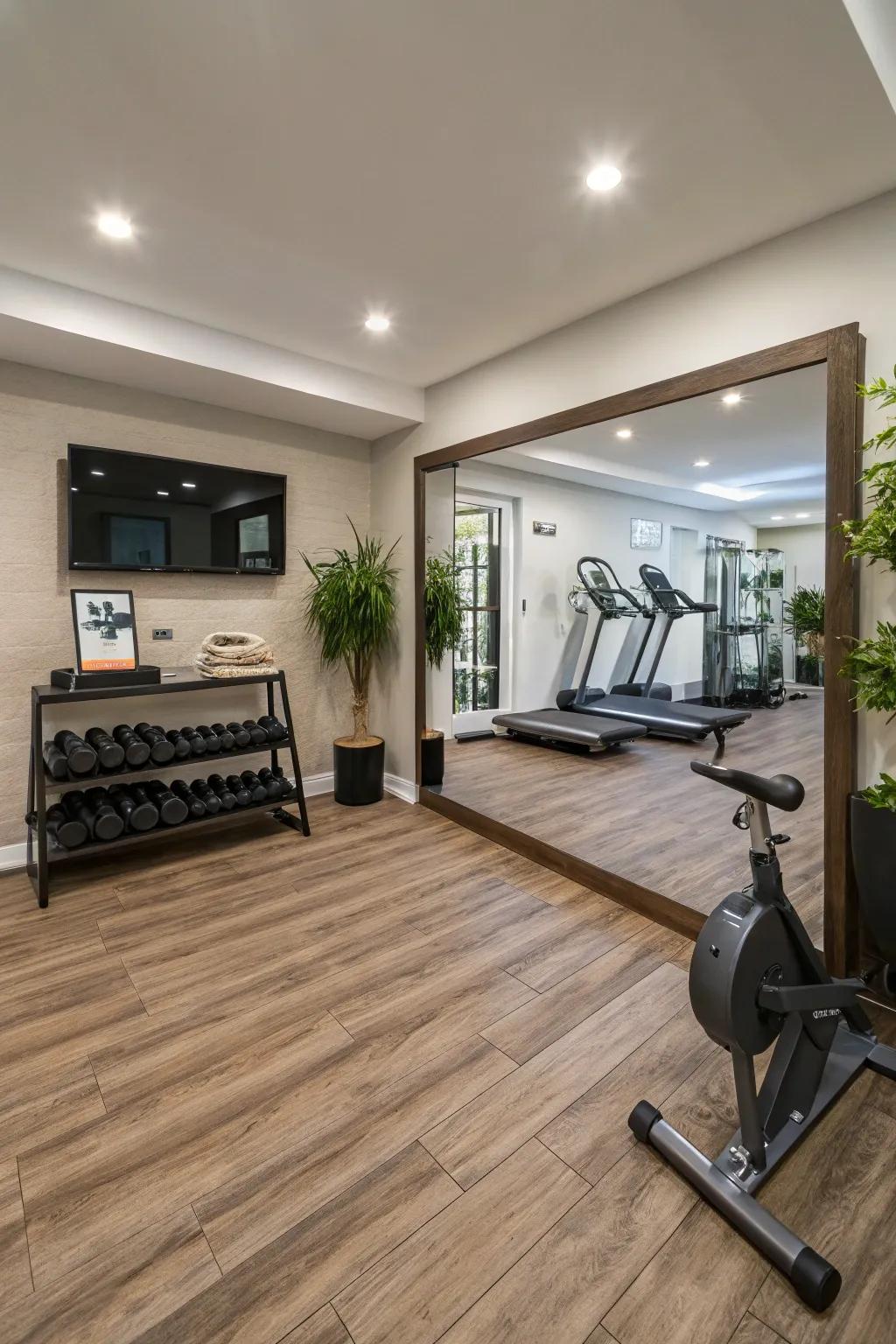 Plastic squares offer a sophisticated and easy-to-maintain gym aesthetic.