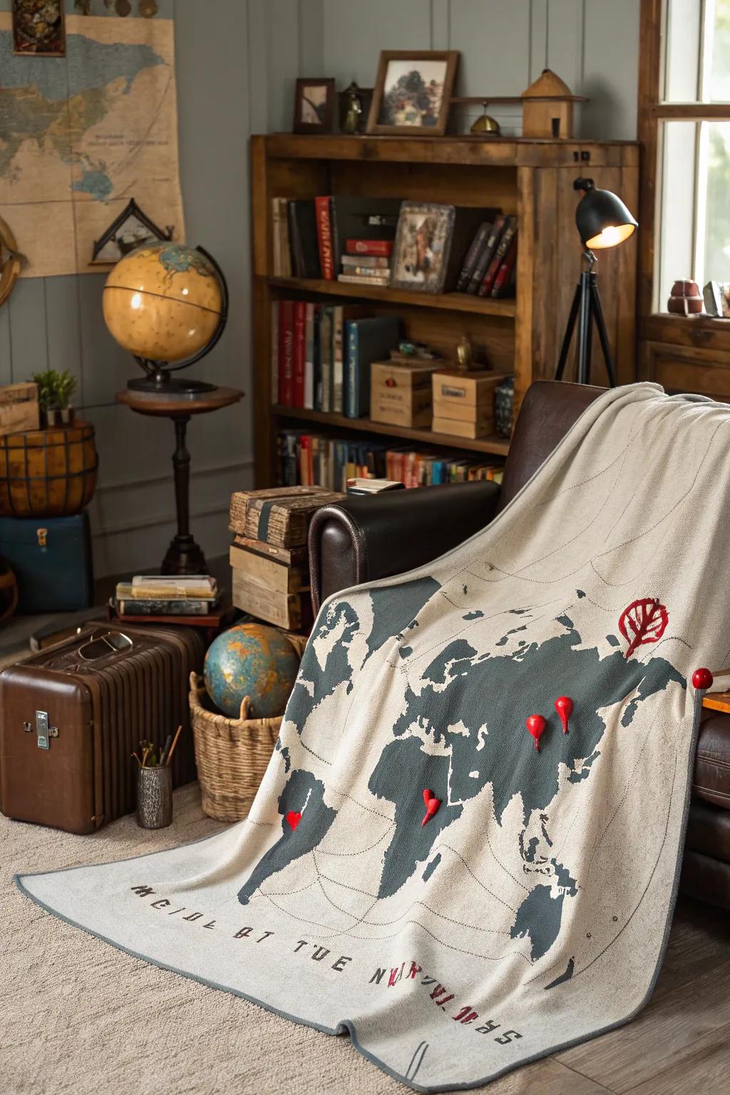 A custom map blanket for the globetrotter at heart.