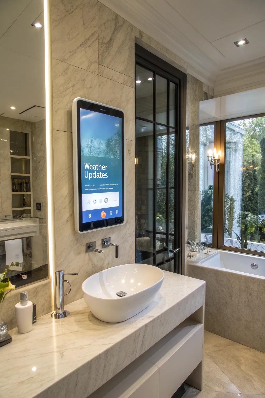 An intelligent mirror enhances a modern bathroom with its interactive display and stylish design.