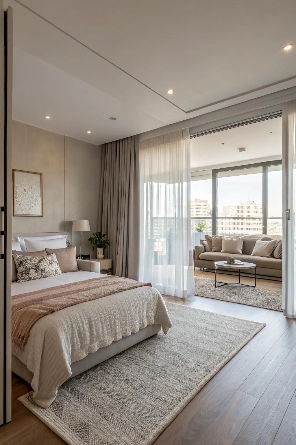 An expansive bedroom with an open floor plan, seamlessly connected to other areas.