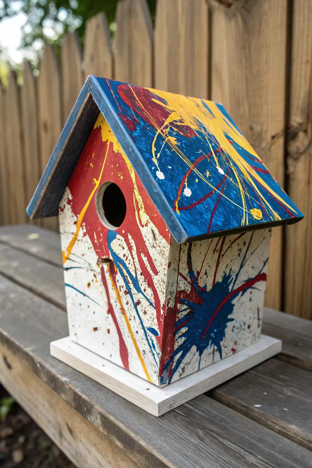 Transform your birdhouse into a bold abstract masterpiece with a splash of color.