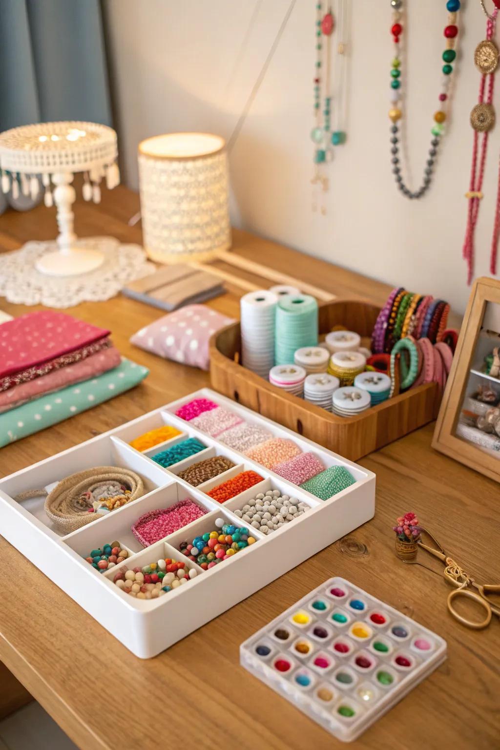 A craft station is set up for assembling personalized accessories at home.