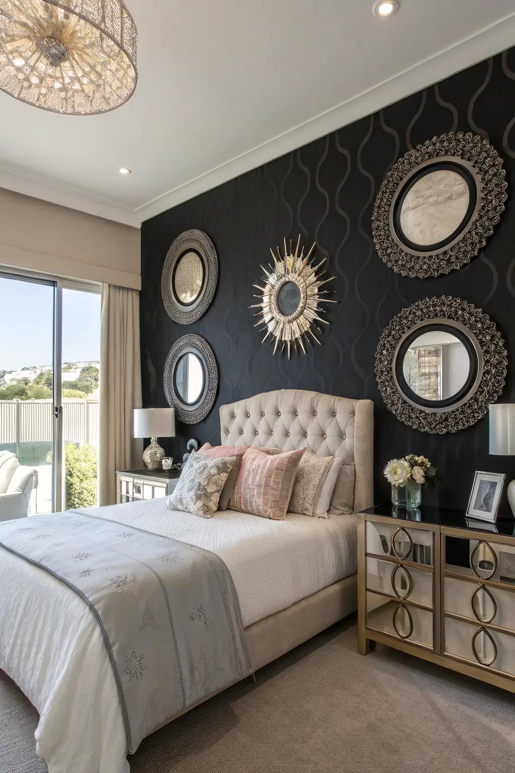 Polished glass simulates light and appends a hint of allure to a black statement wall.