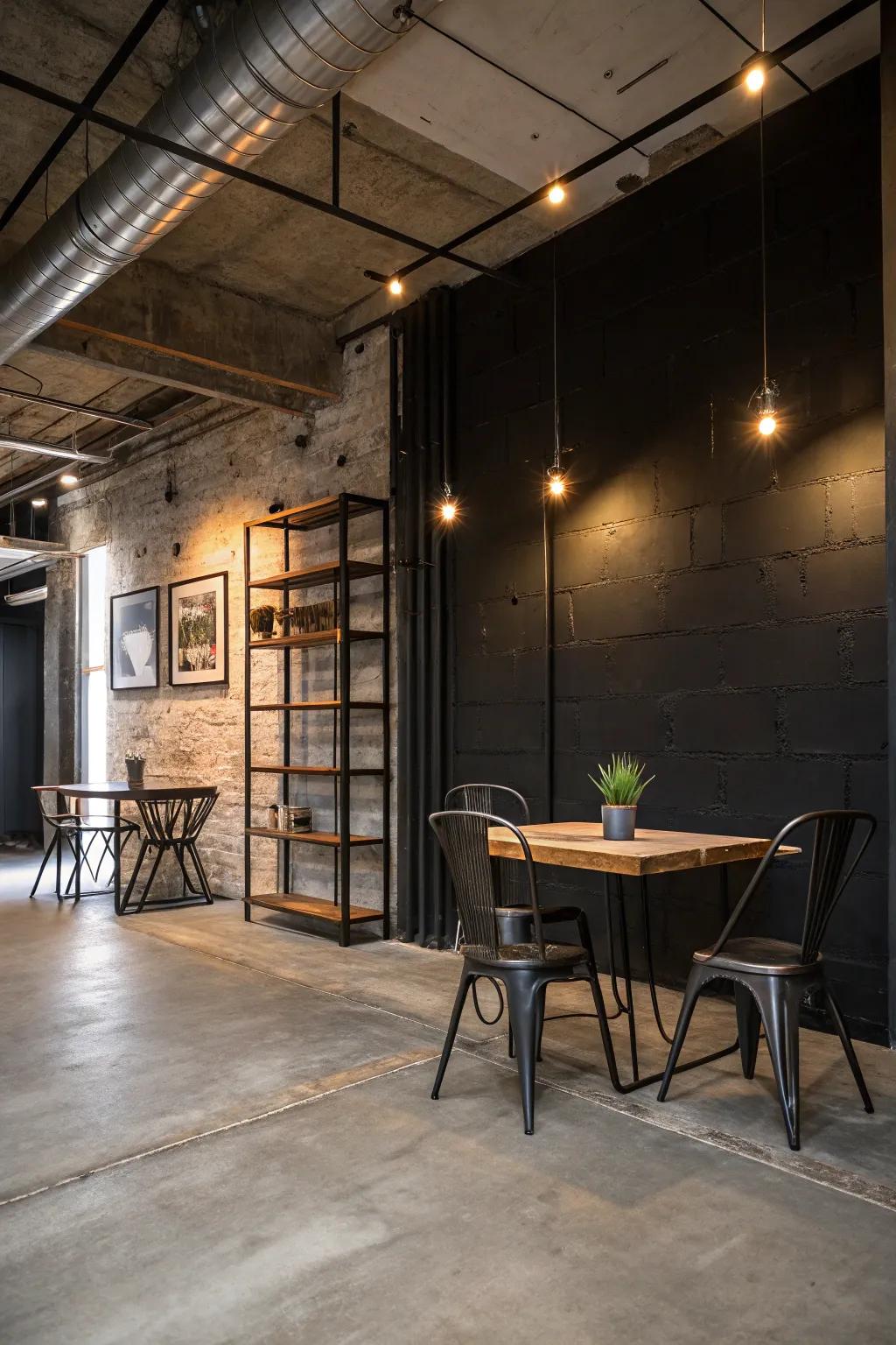 An industrial-themed room features a black accent wall alongside concrete and metal features.