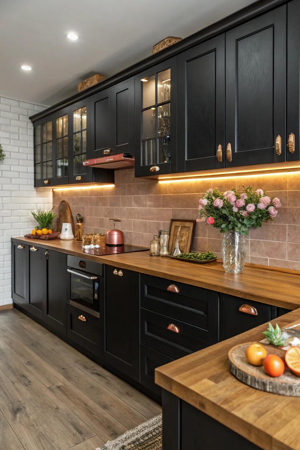 Wood and copper deliver a warm contrast in a black kitchen.