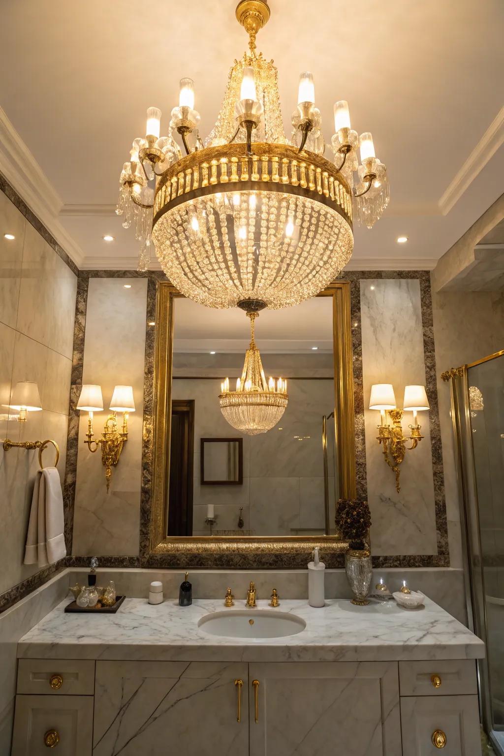 Golden lighting fixtures illuminate with elegance and warmth.