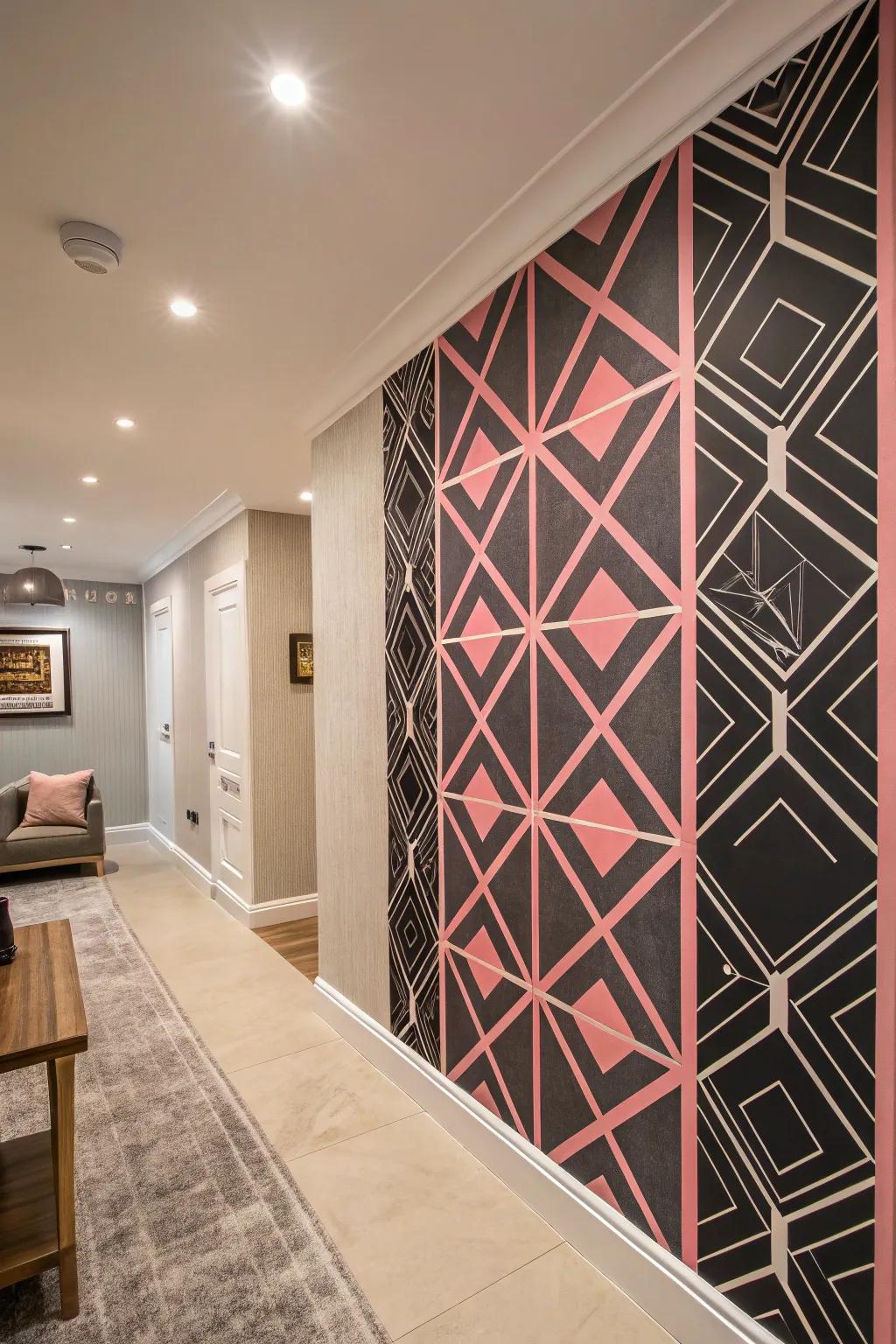 Geometric patterns invigorate the room with movement and flair.