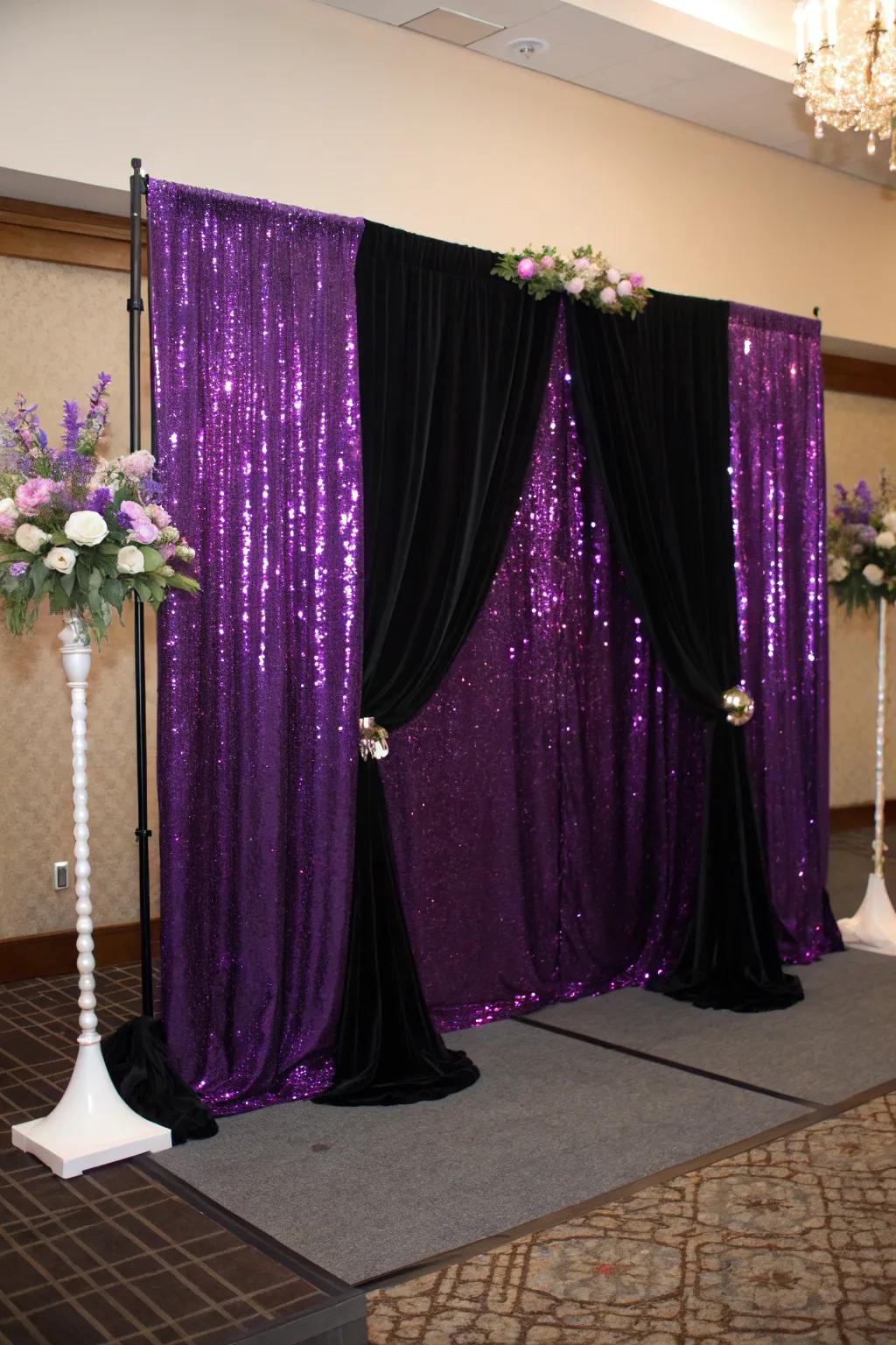 An atmospheric reception backdrop combining purple sequins and dark velvet.