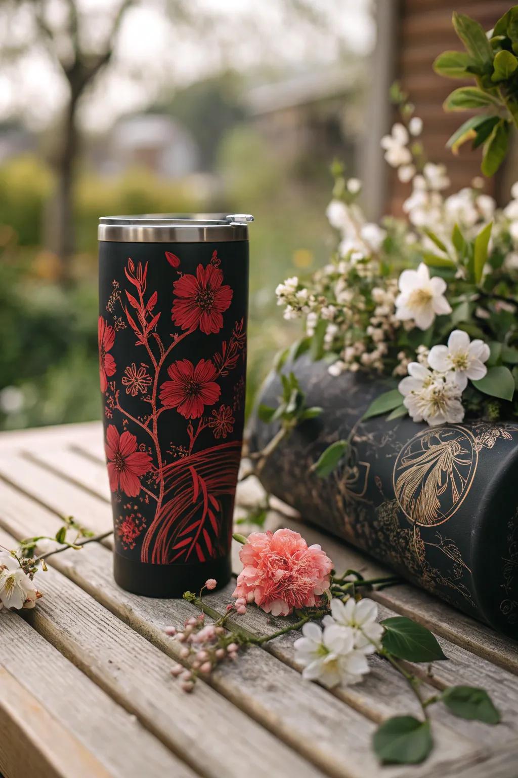 Sophisticated floral motifs in onyx and crimson for nature aficionados.