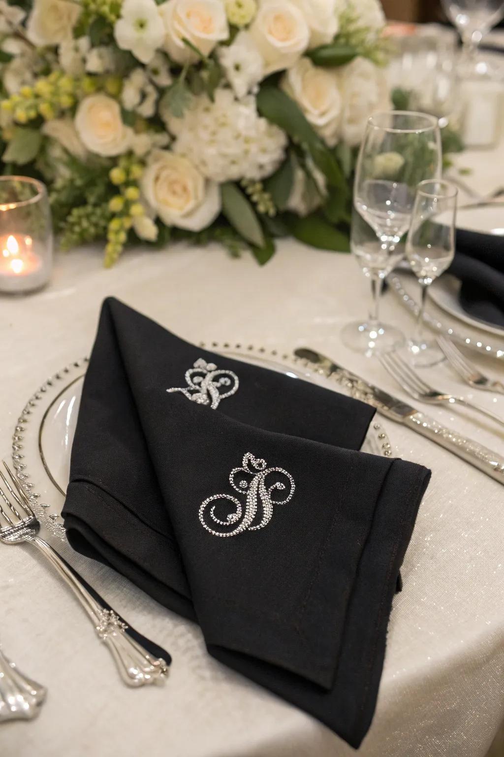Personalized shadow serviettes featuring a shimmer monogram.