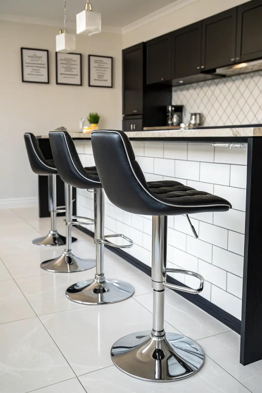 Fashionable bar stools supply seating and flair in this cooking area.