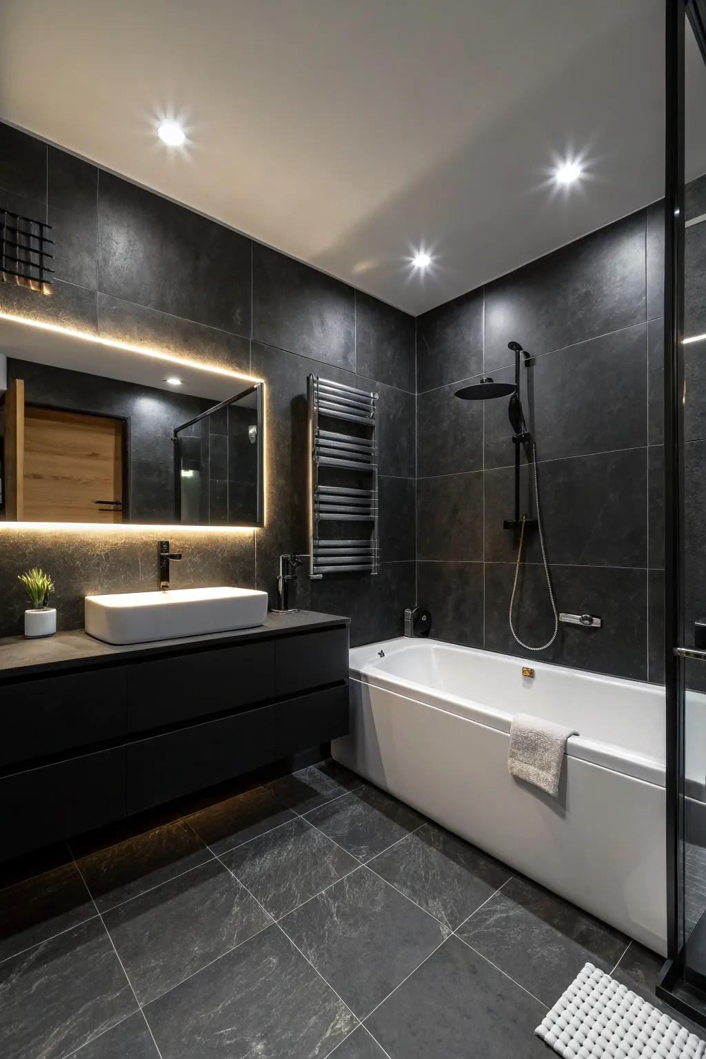 Calculated illumination enhances the sensation of an entirely-ebony bathroom.