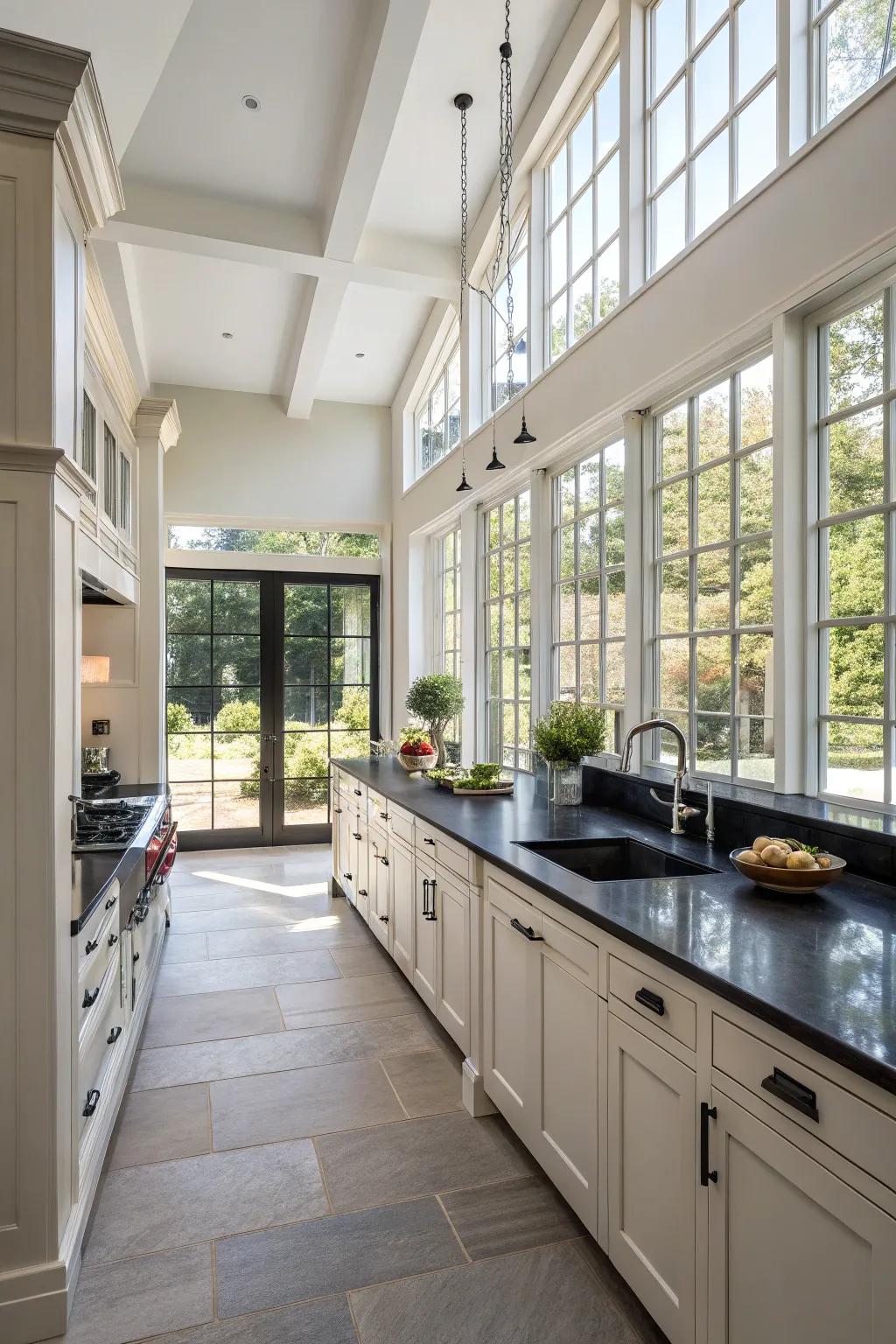 Expansive windows and clever design keep ebony countertops airy.
