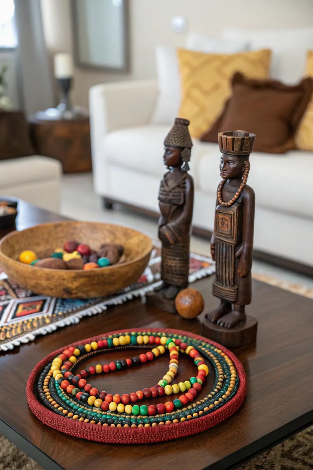 A centerpiece created using cultural elements adds class and depth.