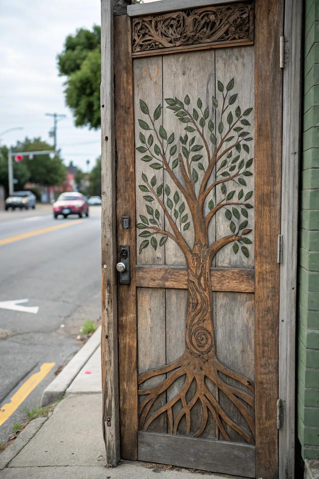 A door design symbolizing the foundation of Black history through tree imagery.
