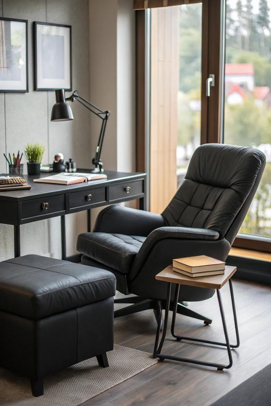 A versatile workspace with mixed seating for different tasks.