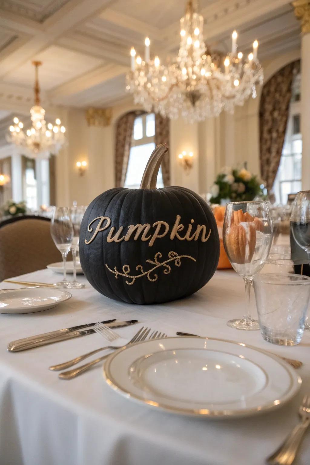 A black pumpkin featuring sophisticated calligraphy, ideal for a refined décor.