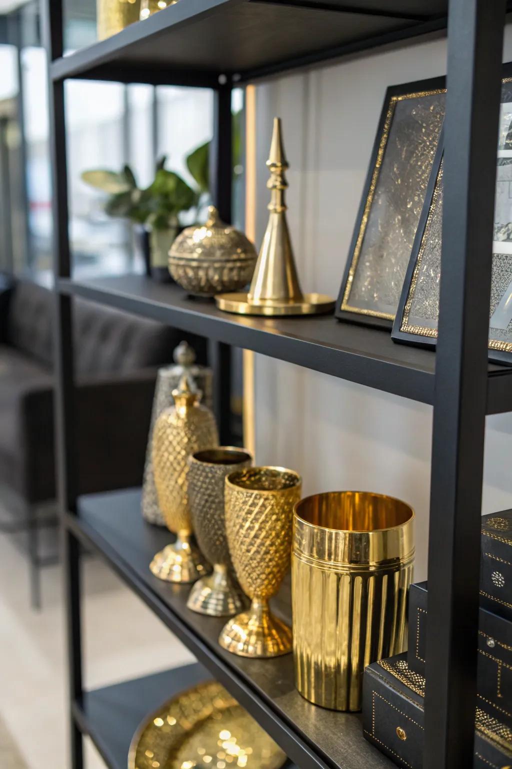 Metallic design elements that lend allure to a dark shelf.