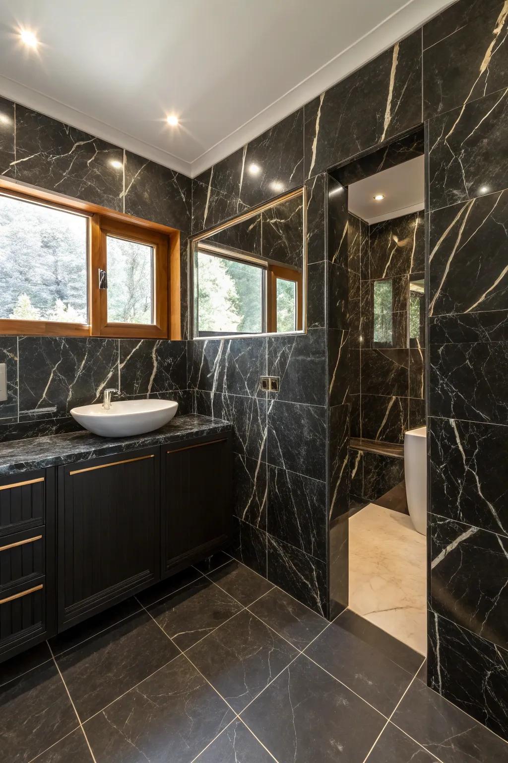 Dark stone boards bring timeless elegance to this bathroom.