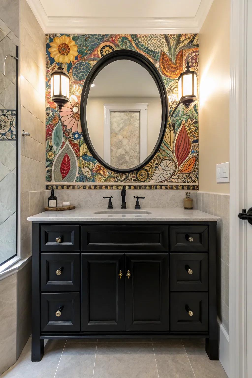 Patterned pavers create a stunning backdrop for a dark sink console, adding artistic charm.