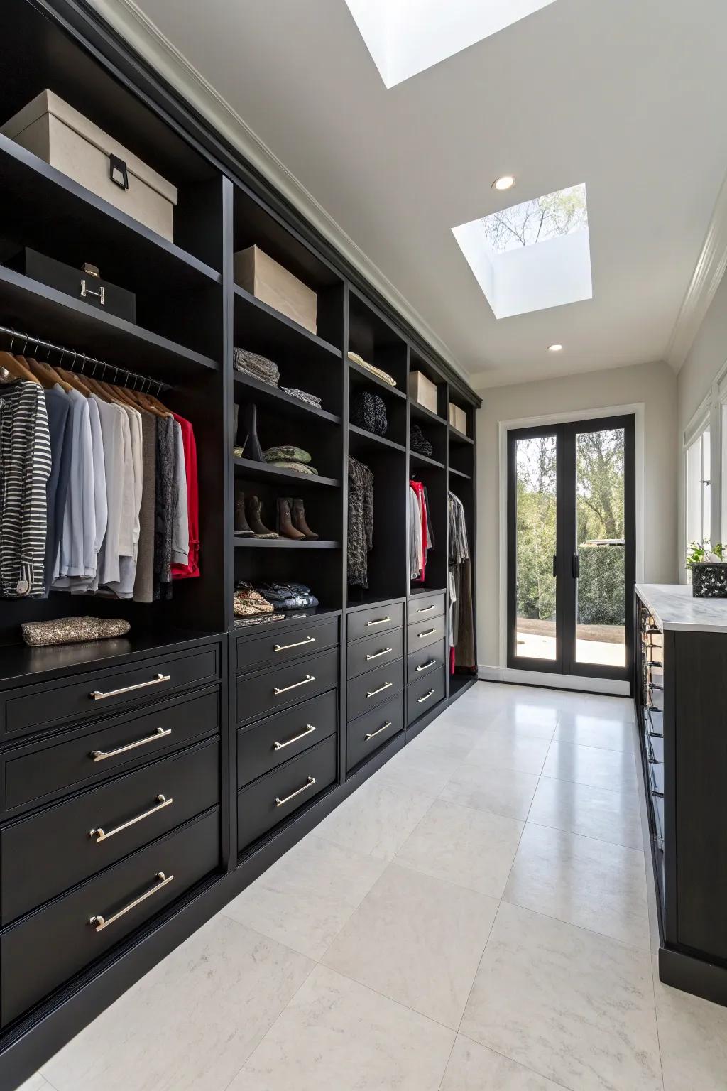 A spacious layout intensifies the sensation of opulence within the closet.