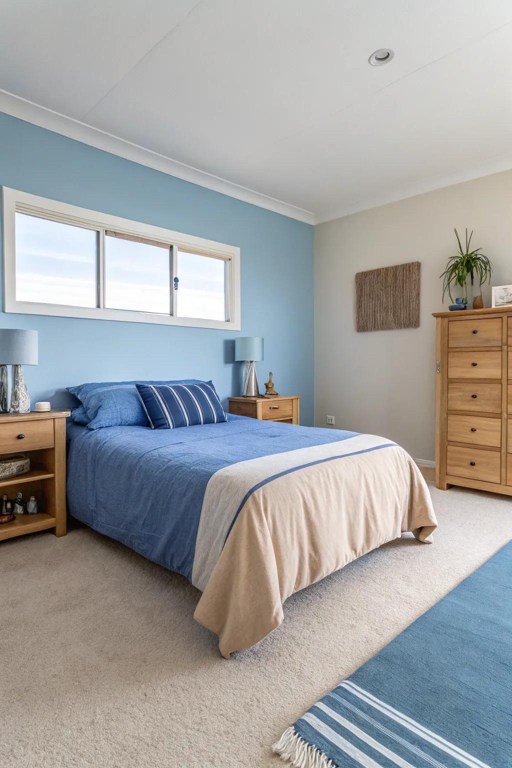 Minimalist decor in blue and beige presents a clean and peaceful setting.