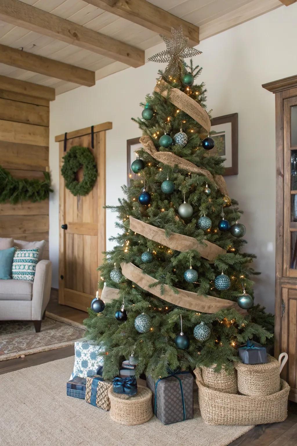 A moss and slate tree turning your area into a rustic cabin haven.