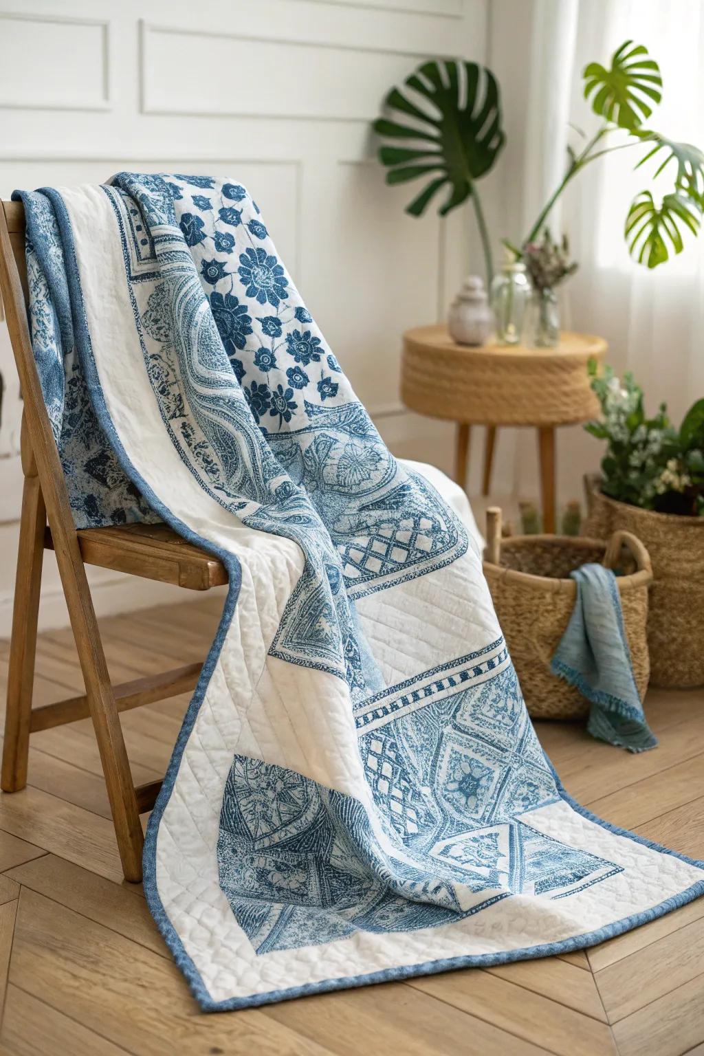 Embrace the elegance of brushstroke beauty through this stunning blue and white quilt design.