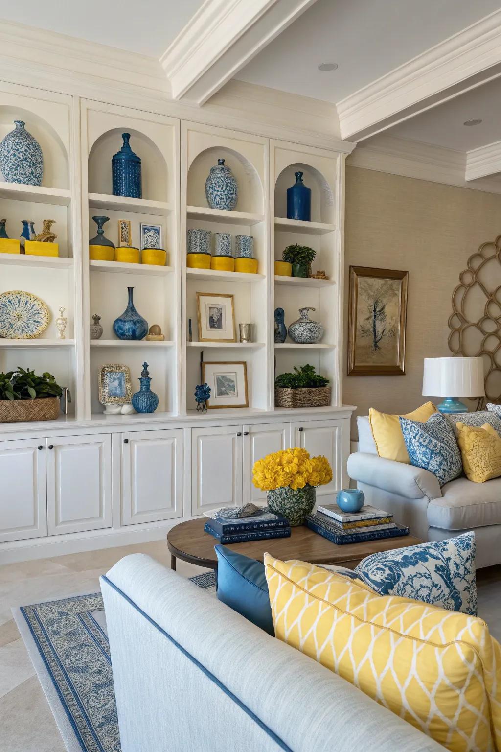 Shelves styled with sea and lemon accessories for an elegant touch.