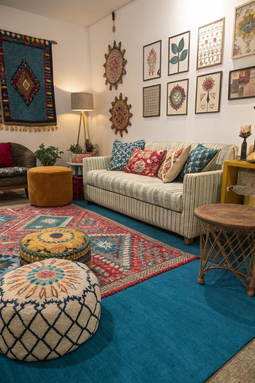 An eclectic commixture converts a living room with blue carpet into a spirited, individualized haven.