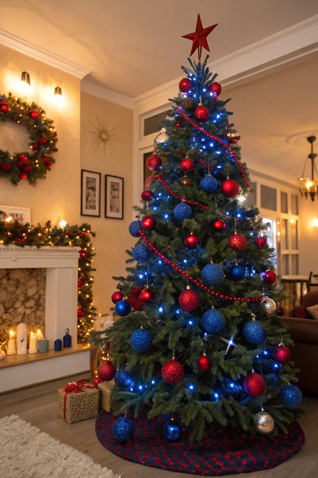 A bold and vibrant blue and red Christmas tree.