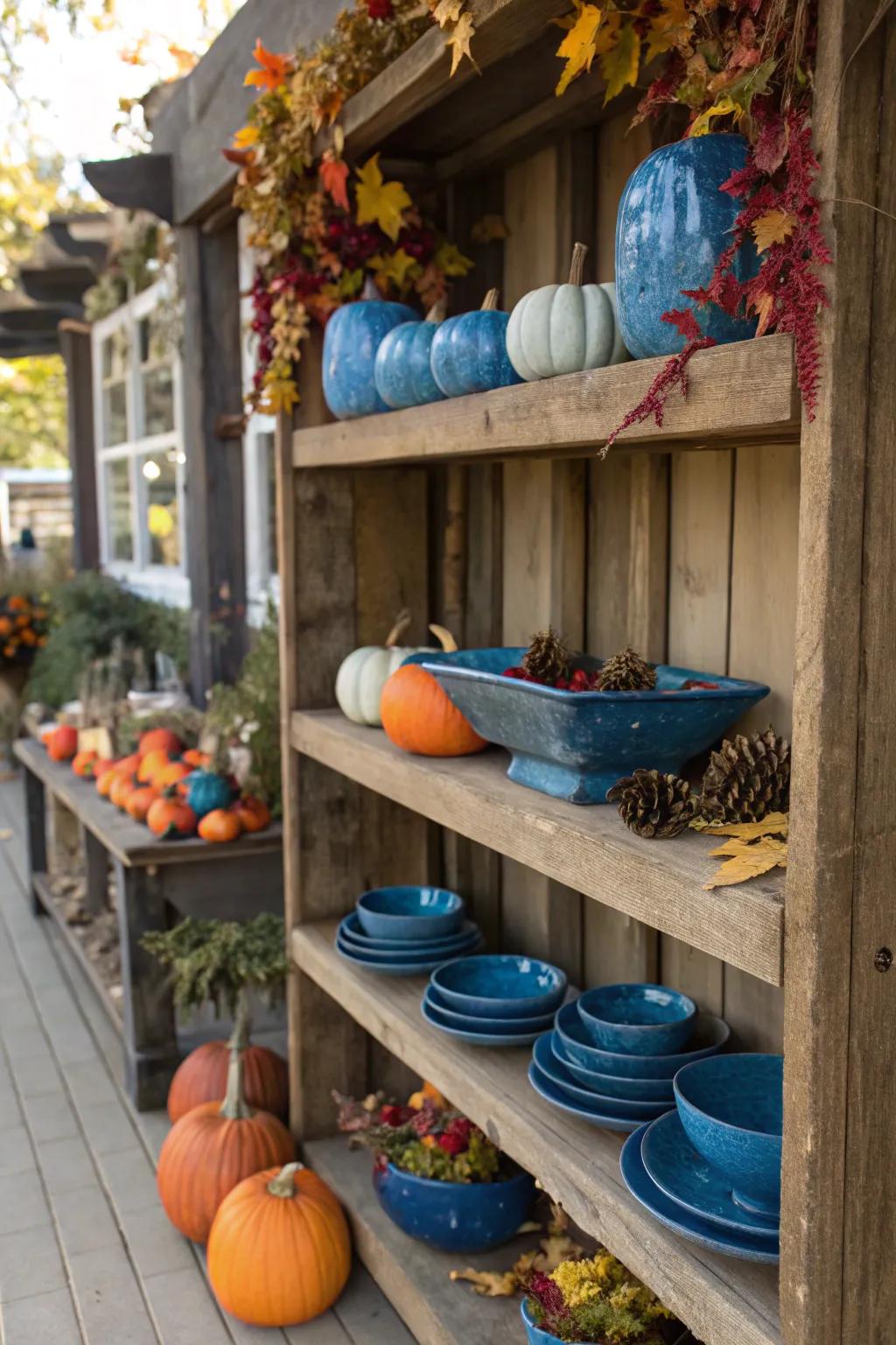 Shelves styled with azure accents for fall.