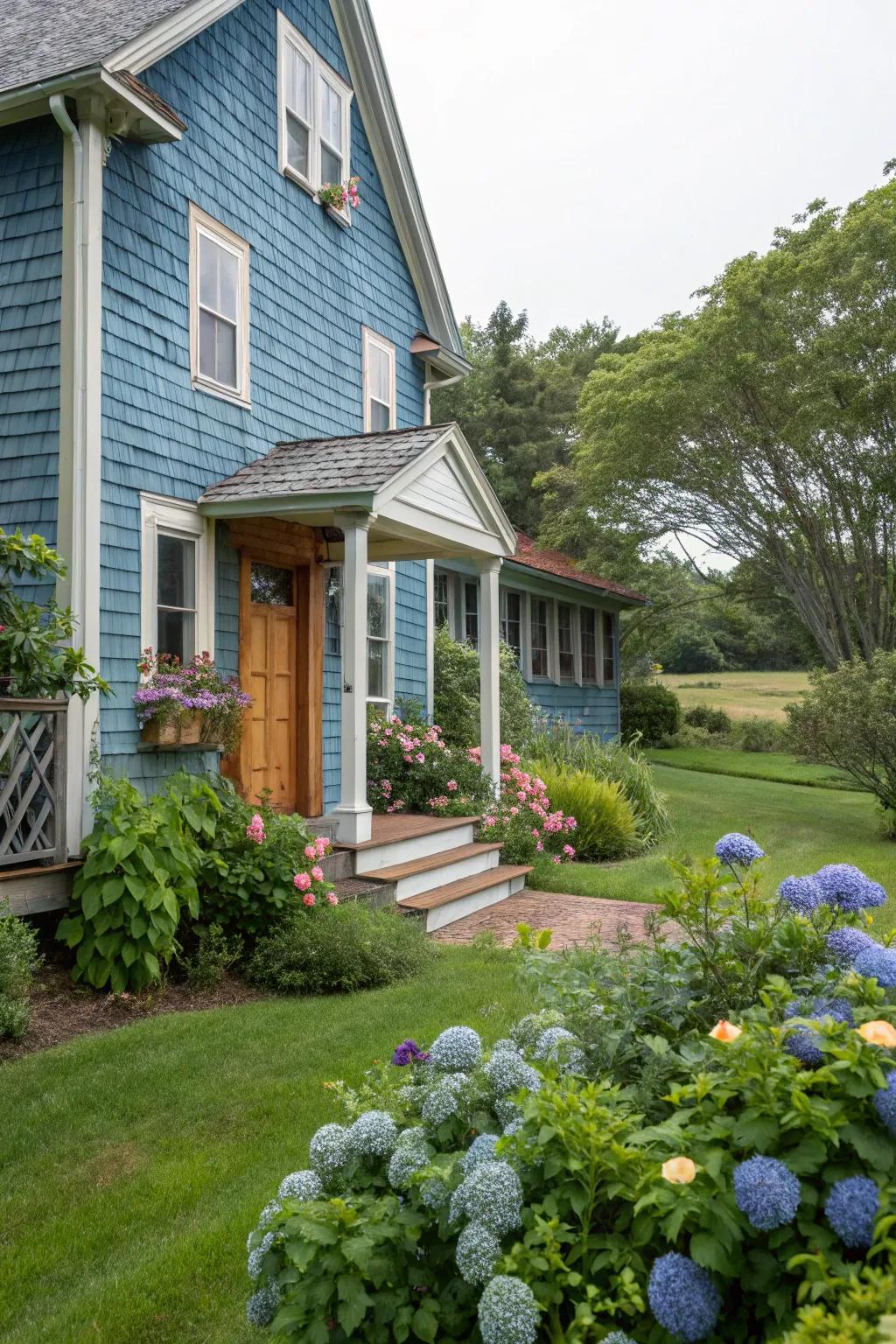 Textured siding adds depth and interest to blue homes.