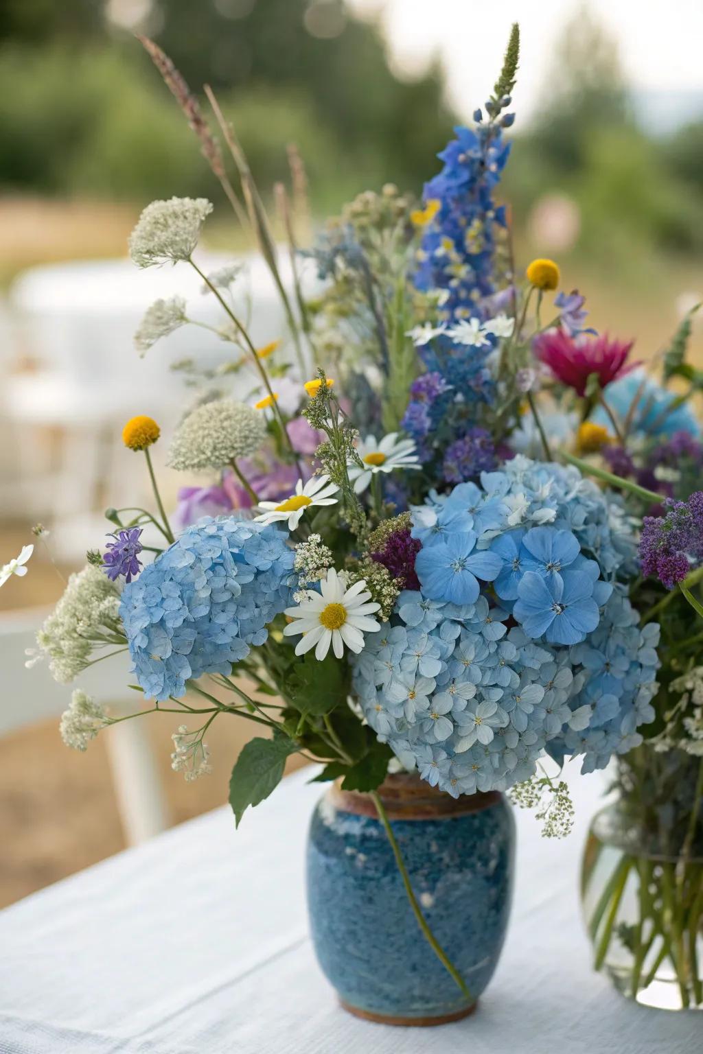 Azure hydrangeas and wildflowers combine for a carefree bohemian centerpiece.