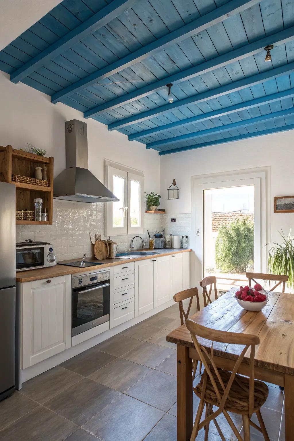 An azure ceiling introduces unexpected depth to this kitchen.