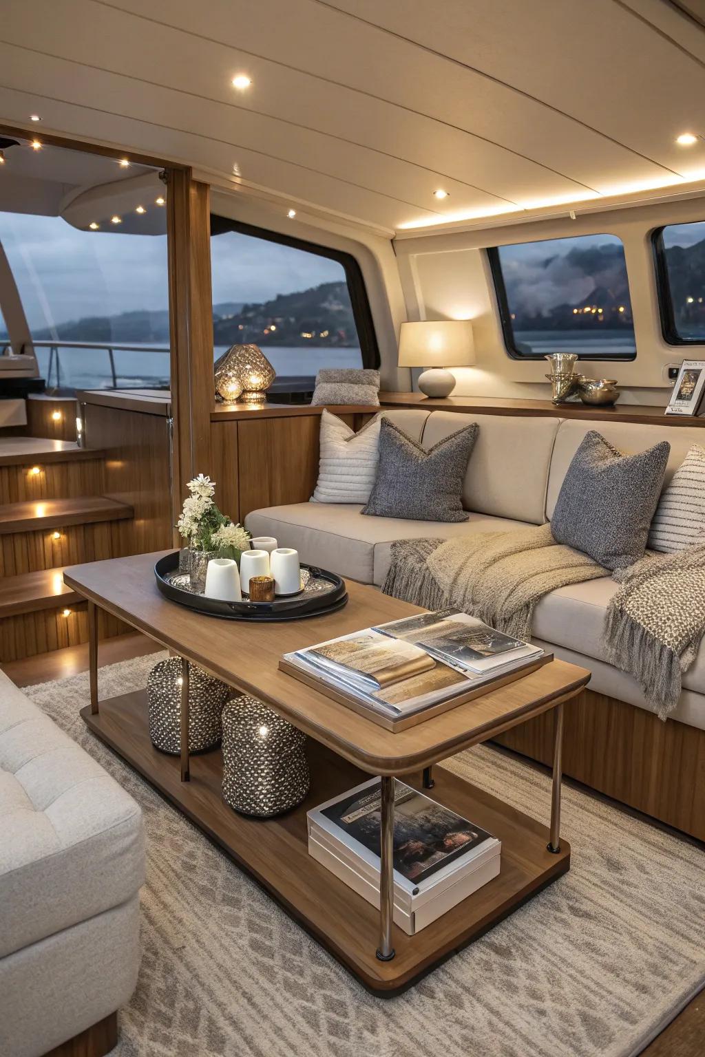 Multi-level coffee table situated in an elegant boat cabin.