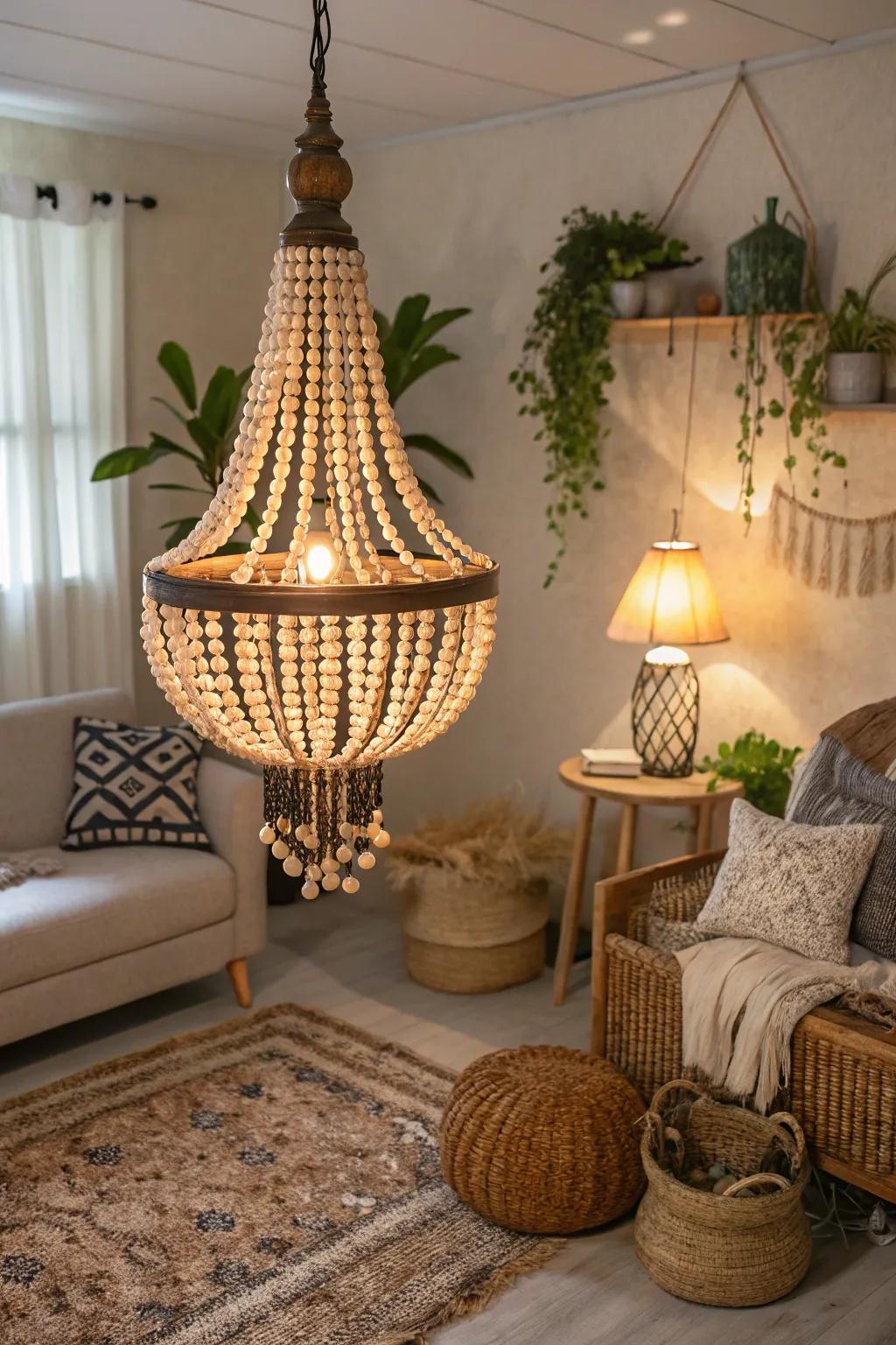 A wooden bead light fixture adds rustic elegance to a living room.