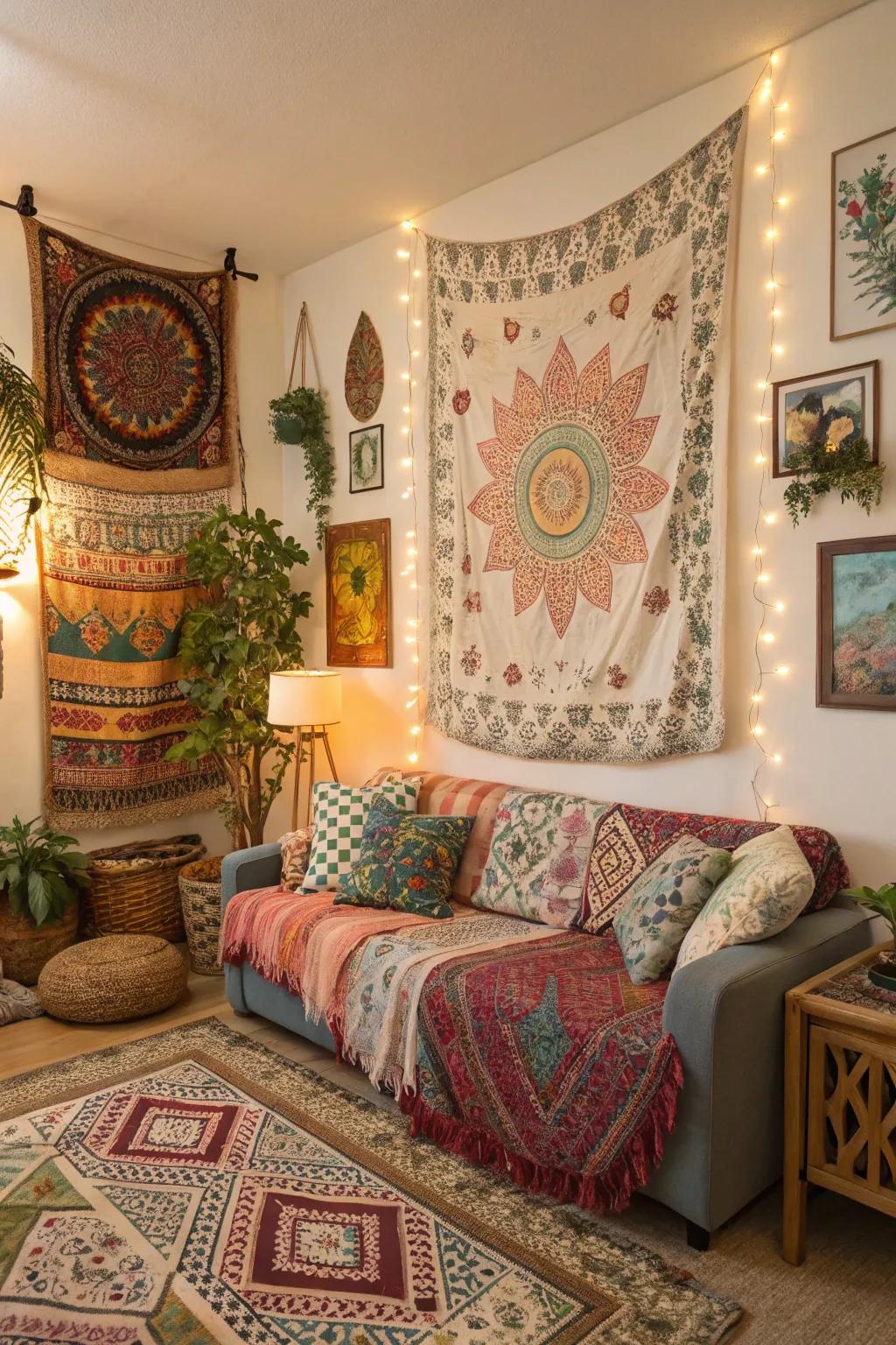 Layered patterns bring vibrancy and dimension to a bohemian room.