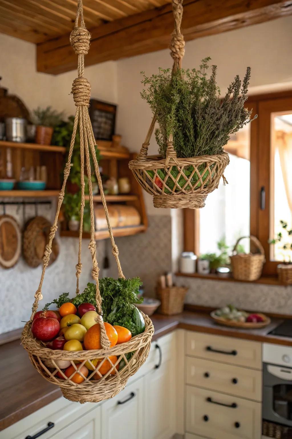 Dangling baskets provide convenient and dapper storage.