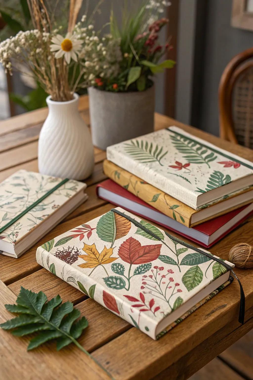 Nature-themed book covers add a calming touch.