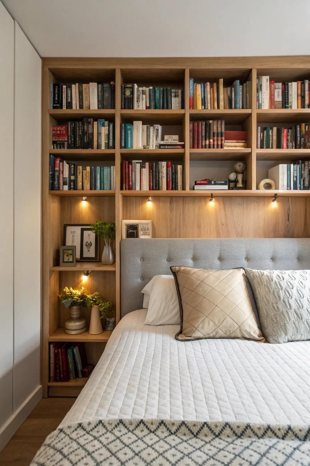 A clever headboard that effortlessly functions as a bookshelf.