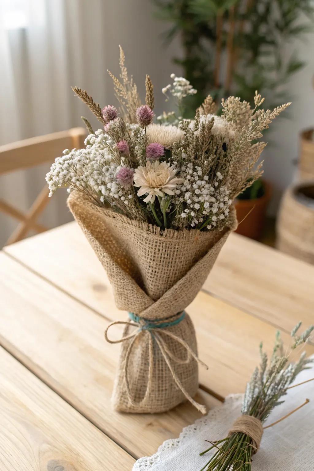 Capture rustic elegance with a hessian-wrapped meadow bloom bouquet.