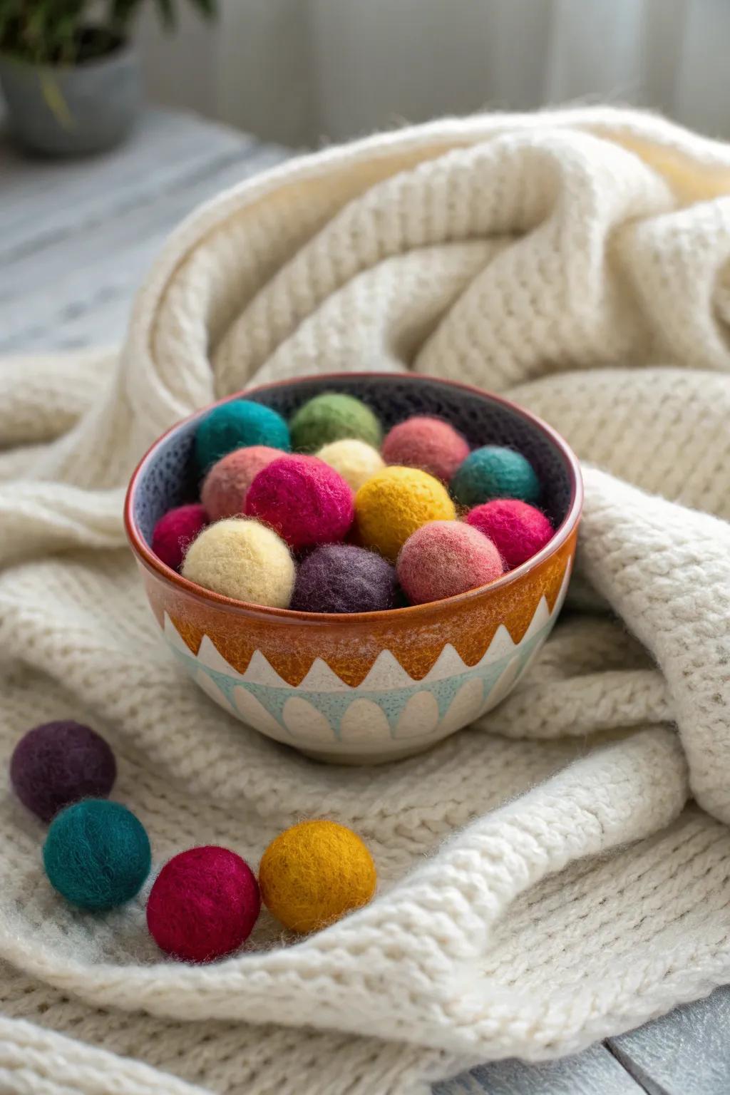 A cozy bowl filled with felted wool balls