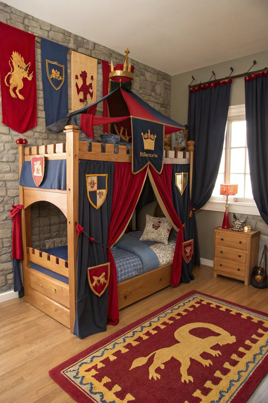 Safeguard the night within a grand citadel-themed four-poster bed.