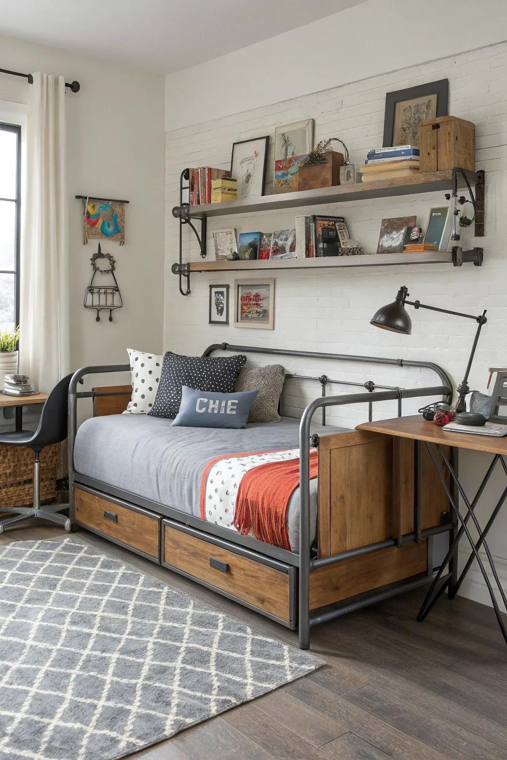 Realize a tough yet stylish visage through an industrial chic daybed.