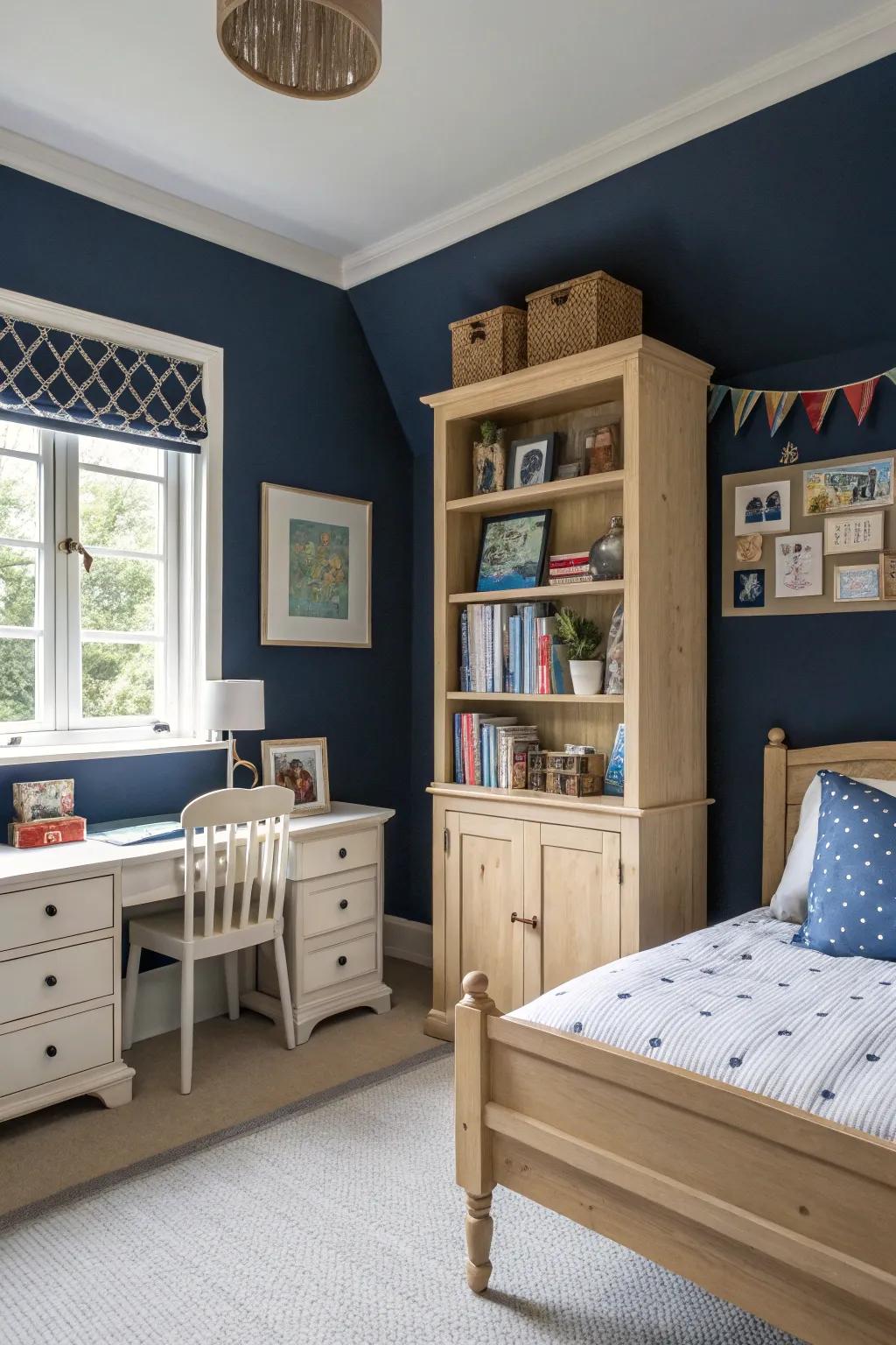 Sophisticated charm with deep navy walls.