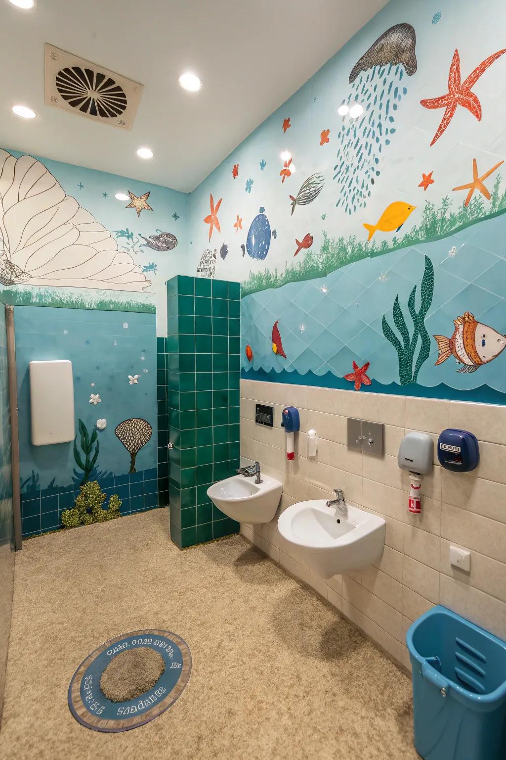 Subaquatic themed embellishments cultivate an adventurous ambiance in a boys' bathroom.