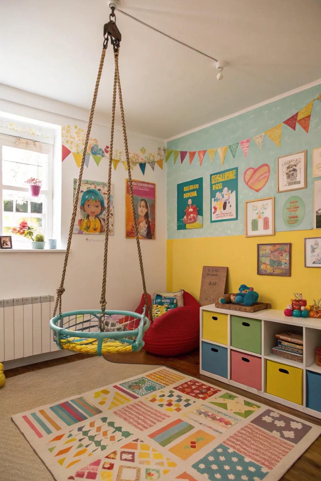 An indoor swing that adds fun and relaxation to the playroom.