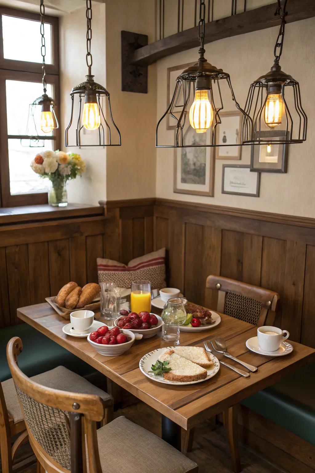 Timeless illumination fittings affixing charm to a breakfast nook.