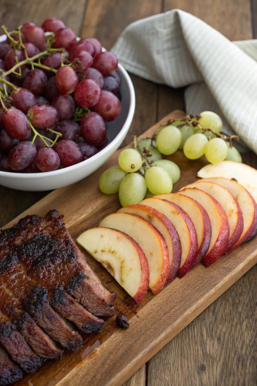 Fresh, seasonal fruits provide a sweet counterpoint to the savory meats.